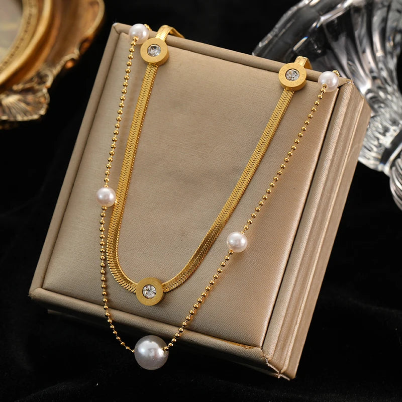 Stainless Steel Pearl Heart Pendant Necklace For Women Gold Color