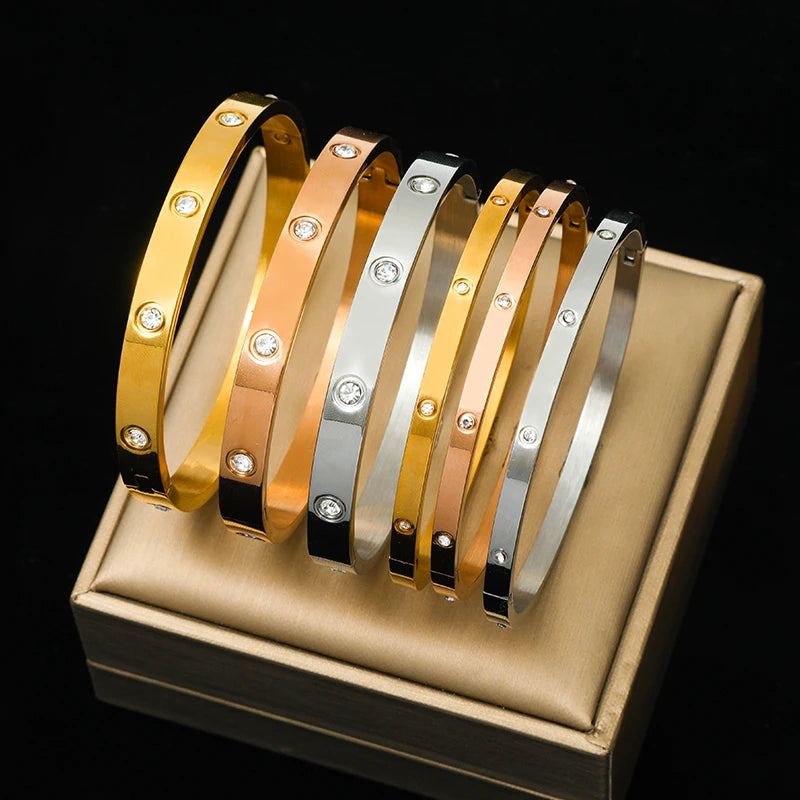 Stainless Steel Zircon Bangles Bracelets For Women Girl Trendy 3-Color Waterproof High Quality Wrist Jewelry Gift