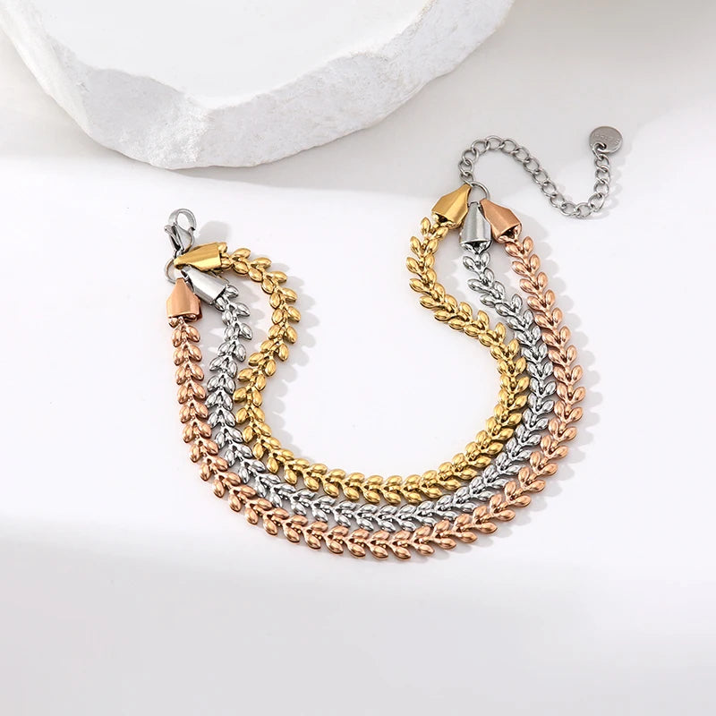 Stainless Steel Wheat Bracelet New Trendy Metal Texture 3-Color 18 K Plated Wrist Chain Jewelry