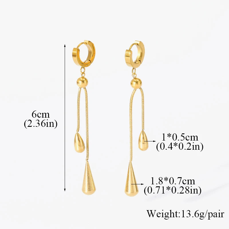 Stainless Steel Geometric Teardrop Tassel Necklace Earrings For Women Gold Color Waterproof Jewelry