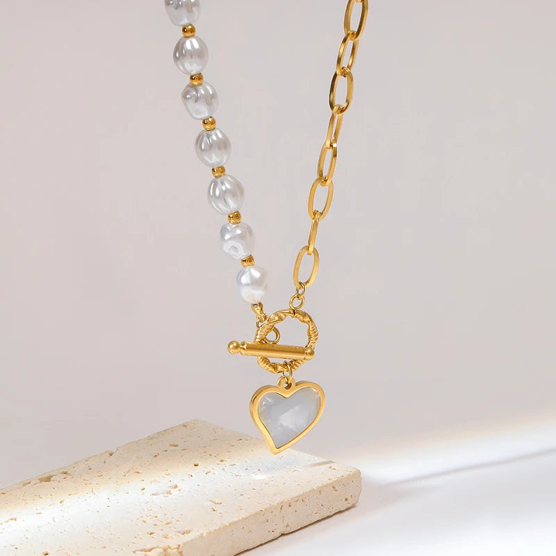 Stainless Steel Pearl Heart Pendant Necklace For Women