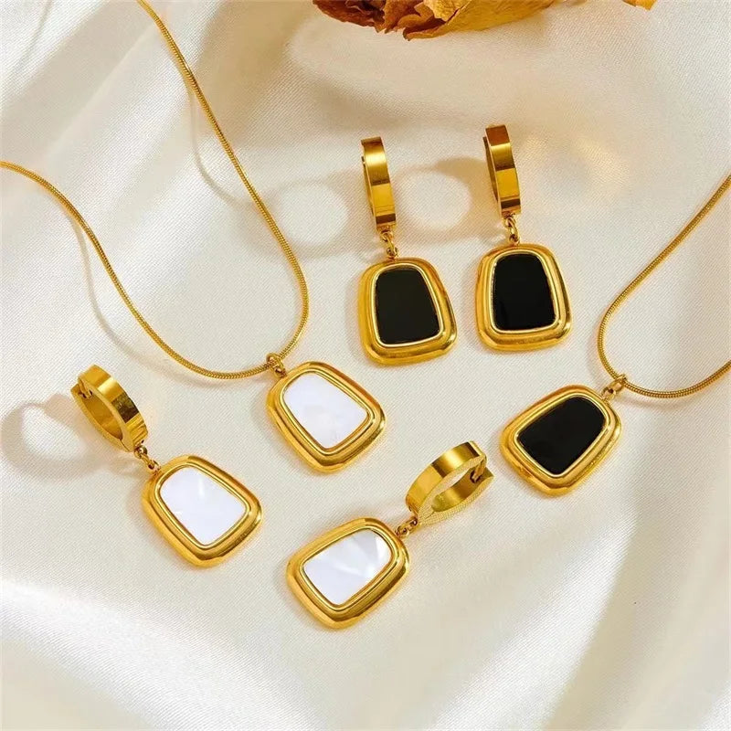 Stainless Steel Geometric White Necklace Earrings For Women Waterproof 18K Gold Plated Jewelry Set