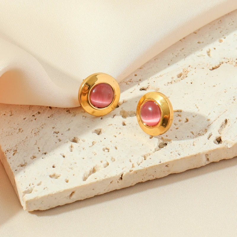 Stainless Steel Lovely Pink Stone Stud Earrings