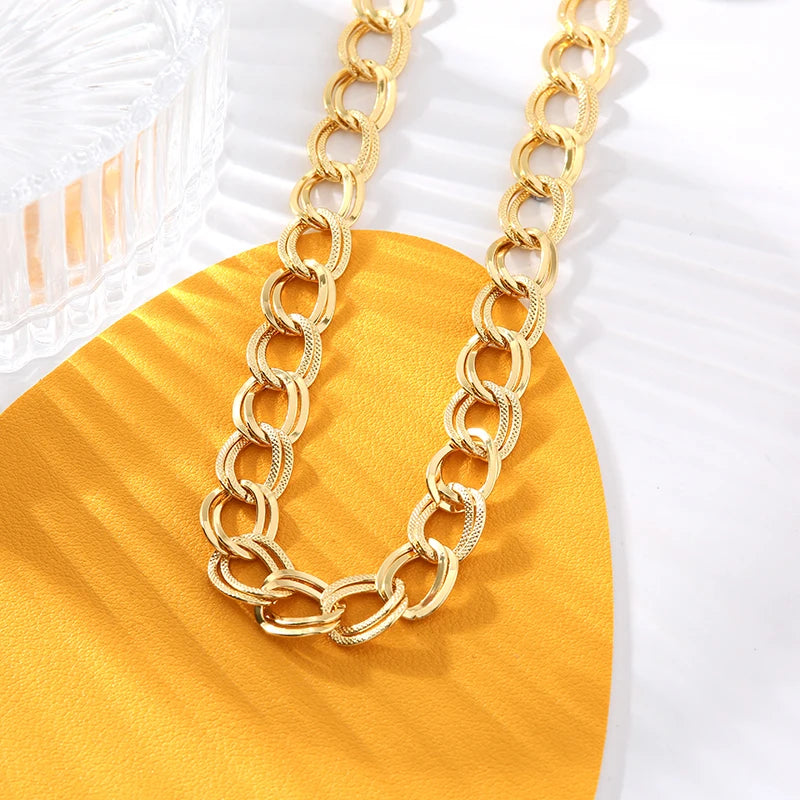 Stainless Steel 18K Gold Plated Double Link Chain Necklace Bracelet Set Charm