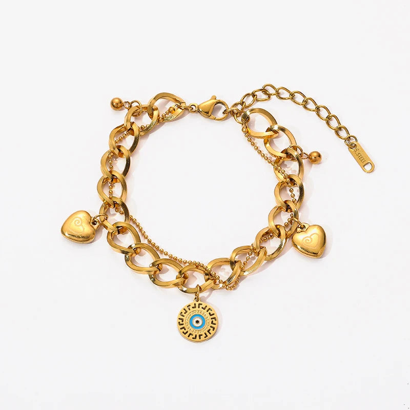 Stainless Steel Gold Color Eyes Heart Charm Bracelet For Women High Quality