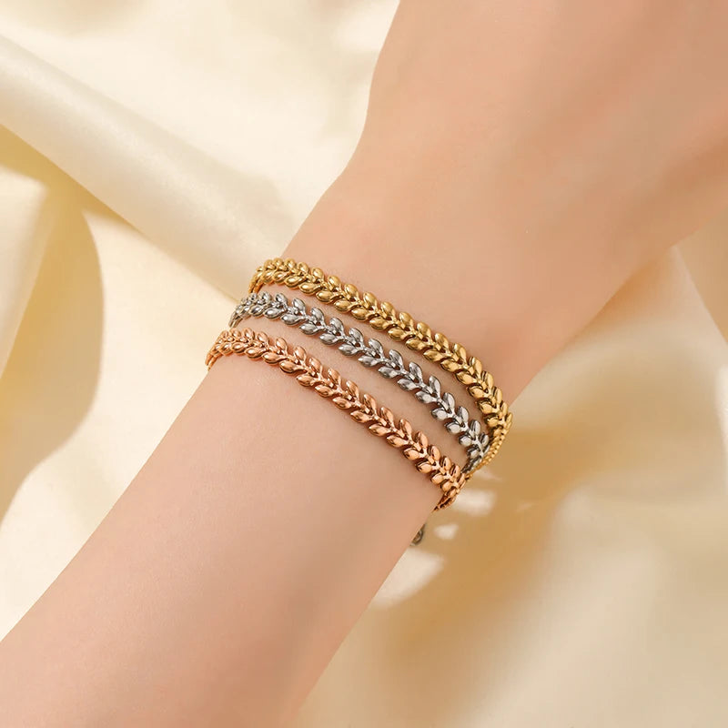 Stainless Steel Wheat Bracelet New Trendy Metal Texture 3-Color 18 K Plated Wrist Chain Jewelry