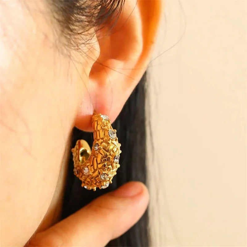 Stainless Steel Zircon C-shaped Stud Earrings For Women Girl Fashion Non-fading Gold Color