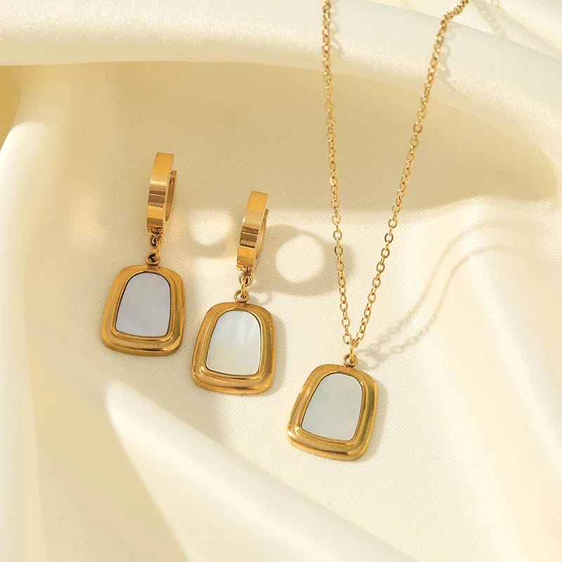 Stainless Steel Geometric White Necklace Earrings For Women Waterproof 18K Gold Plated Jewelry Set