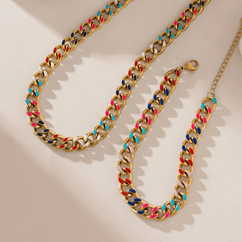 Stainless Steel Colorful Thick Chain Necklace Bracelet For Women