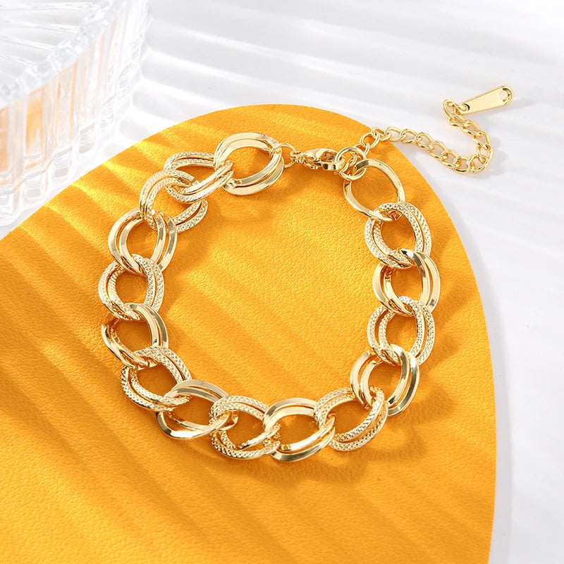 Stainless Steel 18K Gold Plated Double Link Chain Necklace Bracelet Set Charm