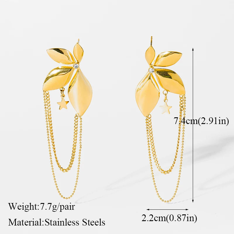 Stainless Steel Gold Color Symmetrical Flower Tassel Earrings For Women